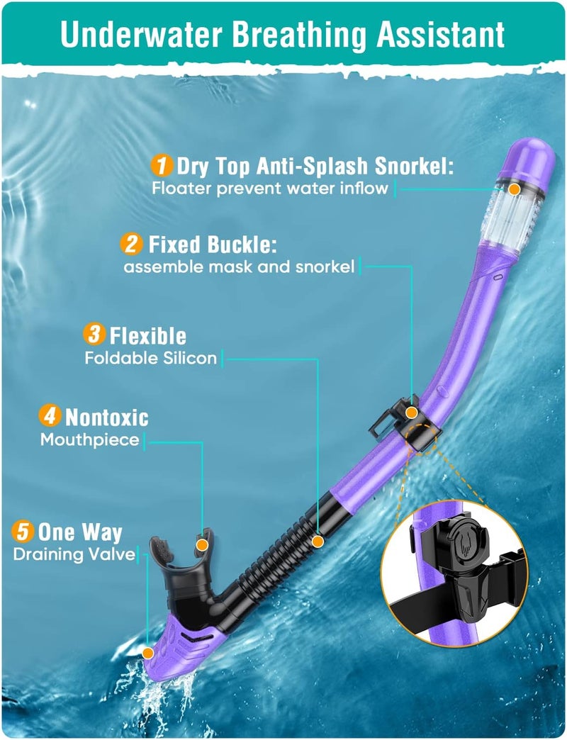 Seovediary Snorkel Set Adults Snorkeling Gear Anti-Fog Panoramic View Swim Mask Dry Top Snorkel Kit with Carry Bag for Snorkeling Scuba Diving Swimming Travel - Image 4